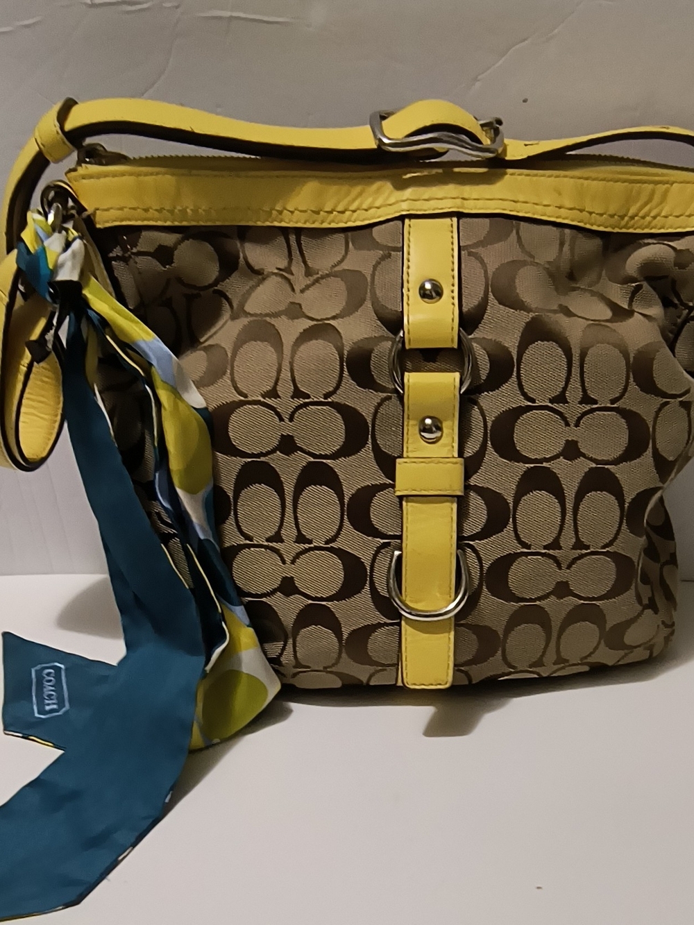 Coach Signature Shoulder Bag with Yellow Leather Trim